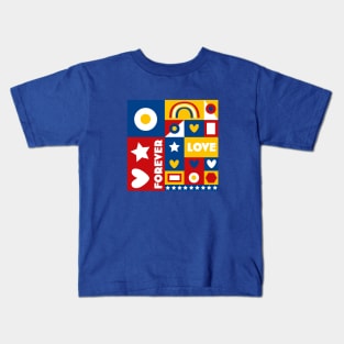 80s inspired Forever Love Pop Art Design - Red, Yellow, Blue and White by Rene Dauphine Kids T-Shirt